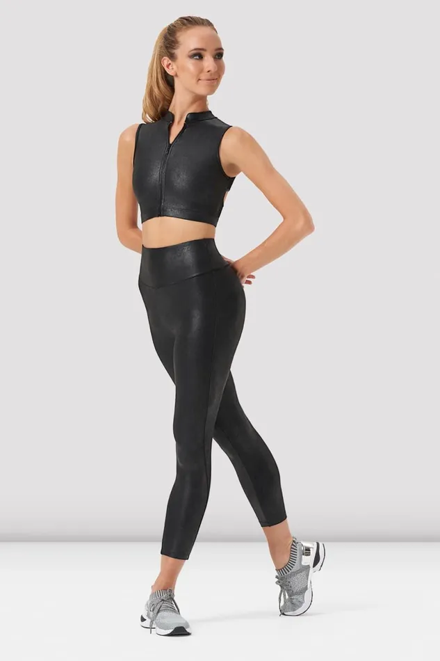 Bloch Ladies Zola Zip Front Leather Look Crop Top Black Leather Look Adult Separates