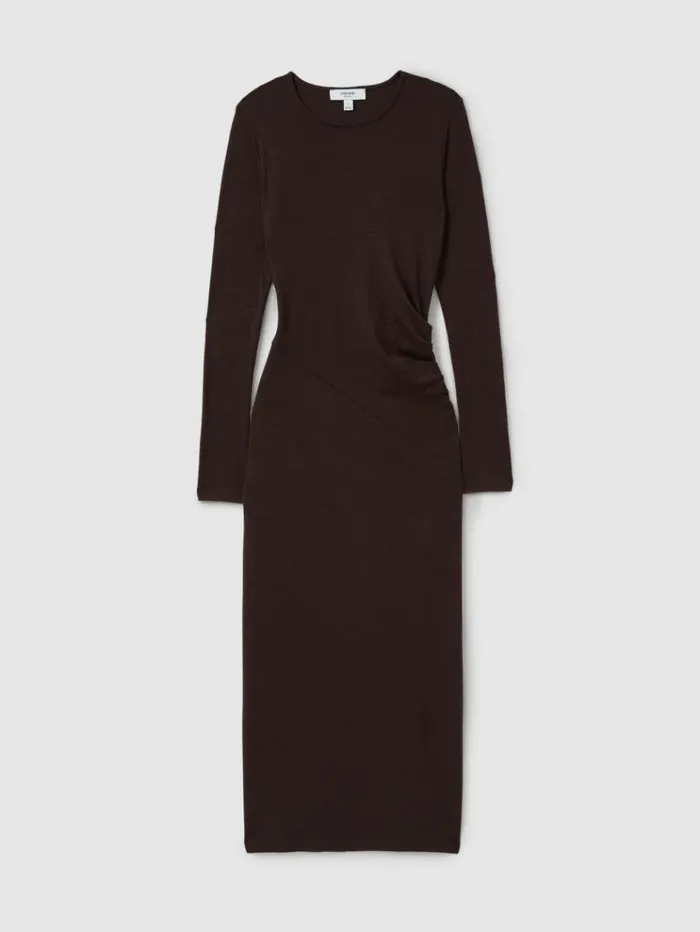 REISS Dresses Women Wool Ruche Detail Midi Dress Berry
