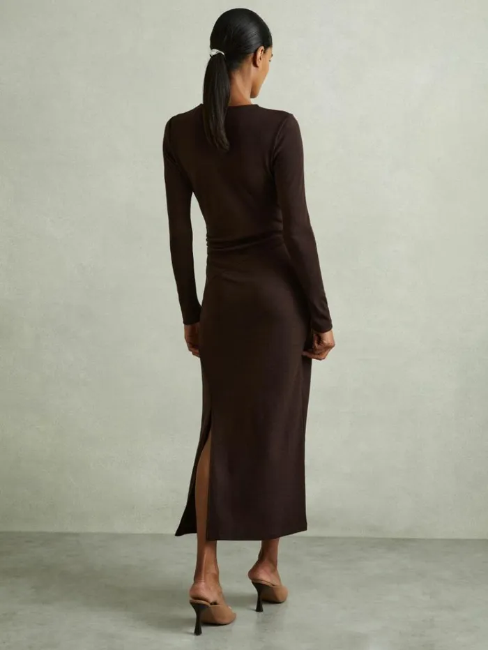 REISS Dresses Women Wool Ruche Detail Midi Dress Berry