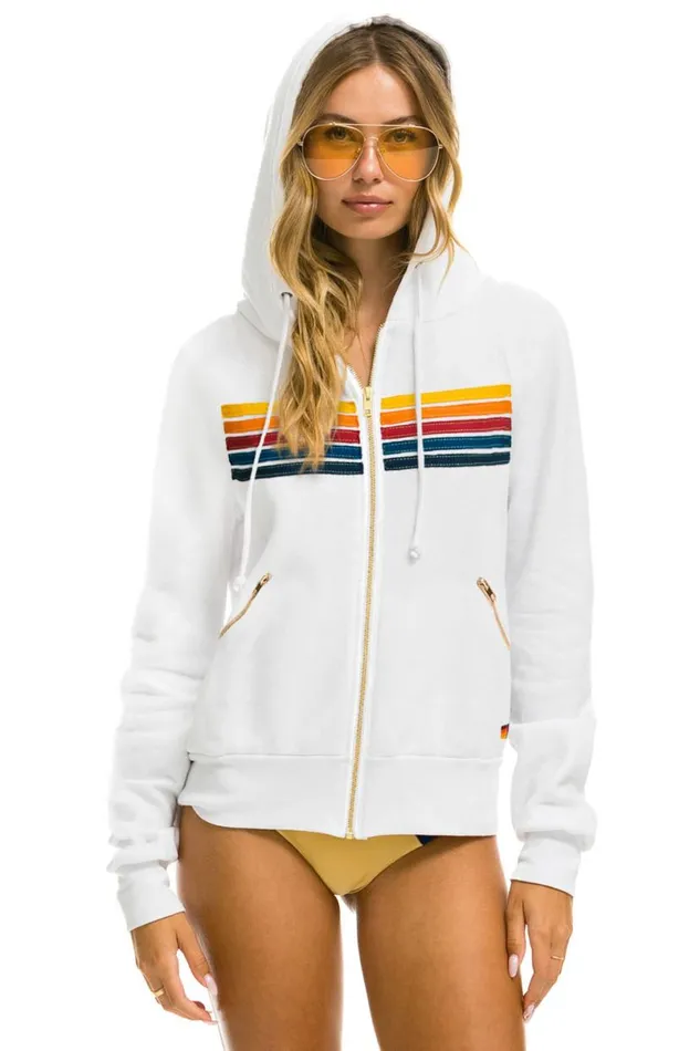 5 Stripe Zip Hoodie W Zip Pockets 8211 White WomenMen Aviator Nation Hoodies