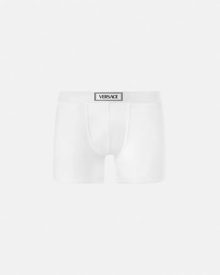 90s Vintage Logo Ribbed Long Trunks White Men Versace Boxers