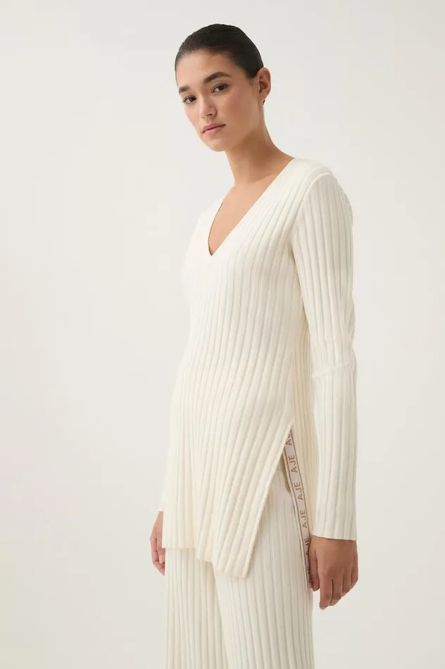 Aje Knitwear and Jumpers Archer Logo Trim Knit Tunic Ivory 8211 Women Aje Knitwear and Jumpers Archer Logo Trim Knit Tunic Ivory 8211 Women