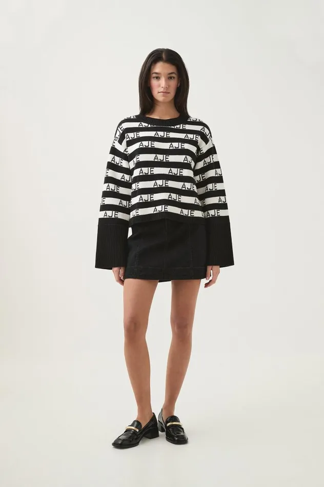 Aje Knitwear and Jumpers Story Oversized Striped Knit Blackivory 8211 Women Aje Knitwear and Jumpers Story Oversized Striped Knit Blackivory 8211 Women