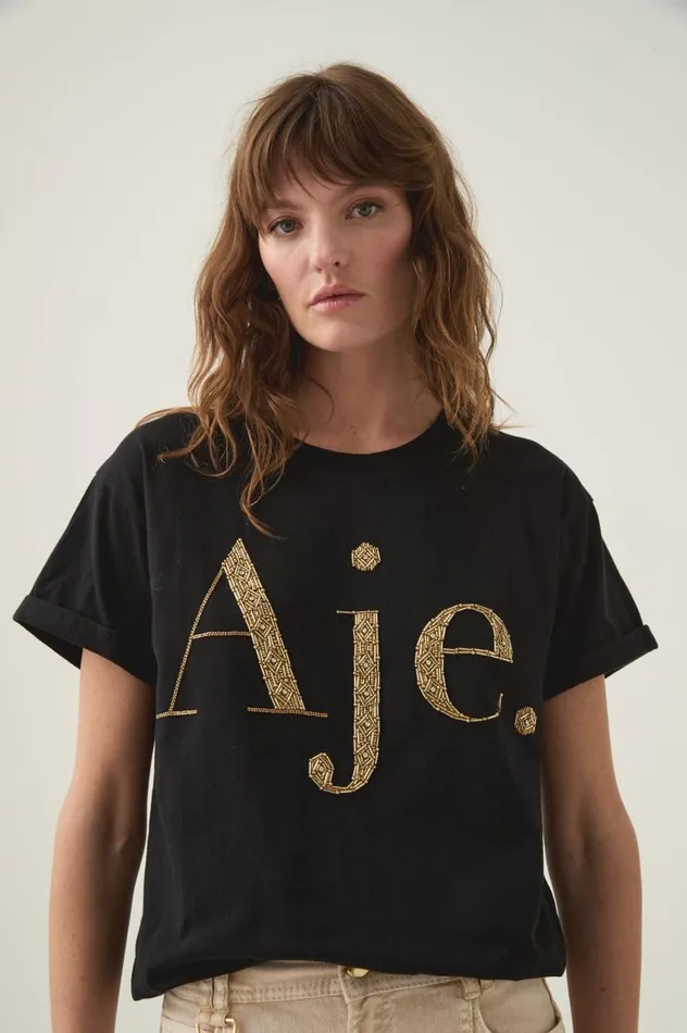 Aje Tees Bask Embellished Logo Tee Blackgold 8211 Women Aje Tees Bask Embellished Logo Tee Blackgold 8211 Women