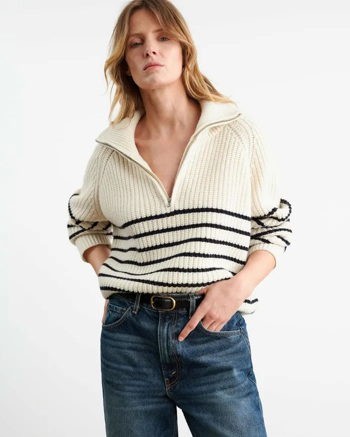 AMELINA CASHMERE SWEATER Ivorydark Navy Stripe Women Nili Lotan Knits and Sweaters