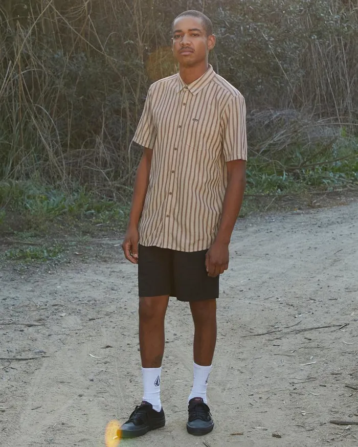 Arvostripe Woven Short Sleeve Shirt 8211 Light Khaki Mens Volcom Tops and Tees Arvostripe Woven Short Sleeve Shirt 8211 Light Khaki Mens Volcom Tops and Tees