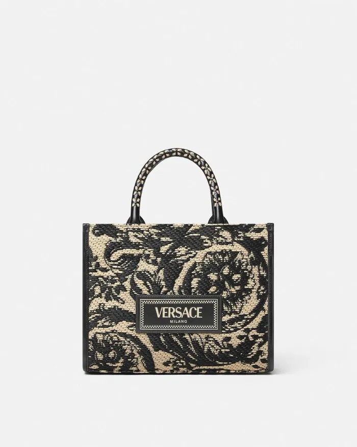 Barocco Athena Raffia Small Tote Bag Blackprint Women Versace Totes