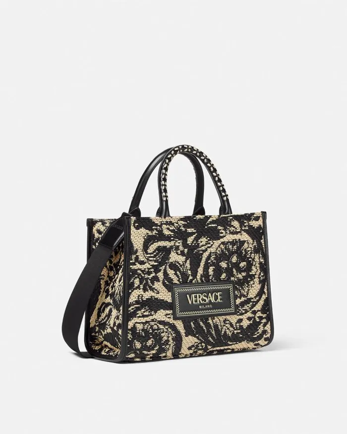 Barocco Athena Raffia Small Tote Bag Blackprint Women Versace Totes