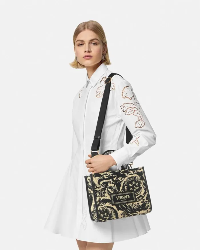 Barocco Athena Raffia Small Tote Bag Blackprint Women Versace Totes