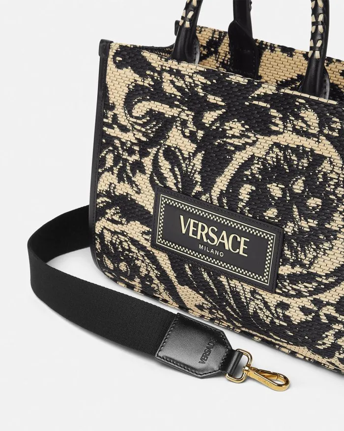 Barocco Athena Raffia Small Tote Bag Blackprint Women Versace Totes