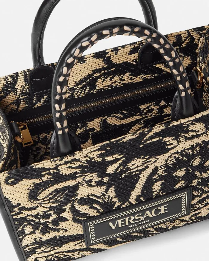 Barocco Athena Raffia Small Tote Bag Blackprint Women Versace Totes