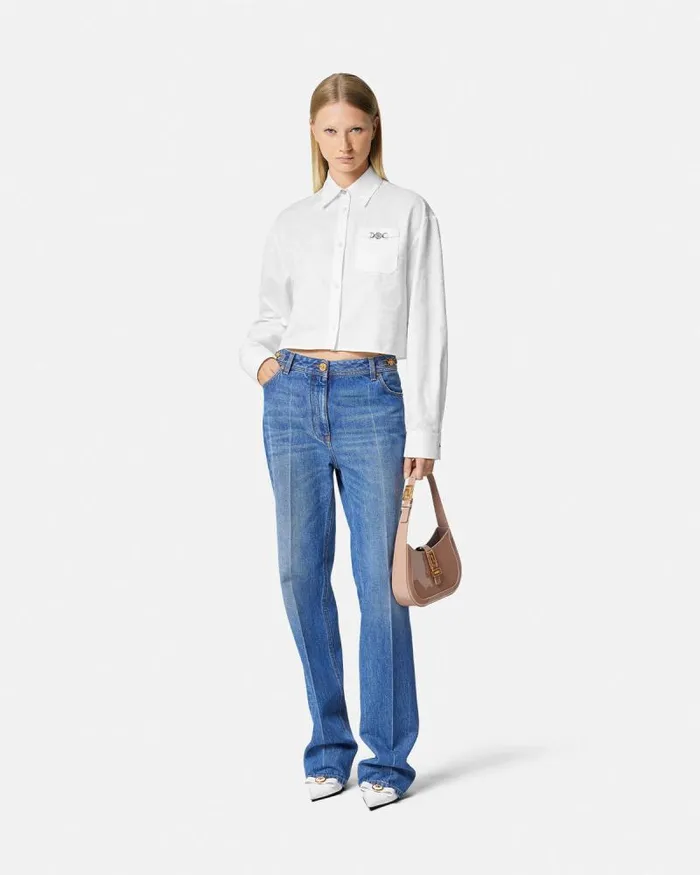 Barocco Jacquard Crop Shirt White Women Versace Shirts and Tops