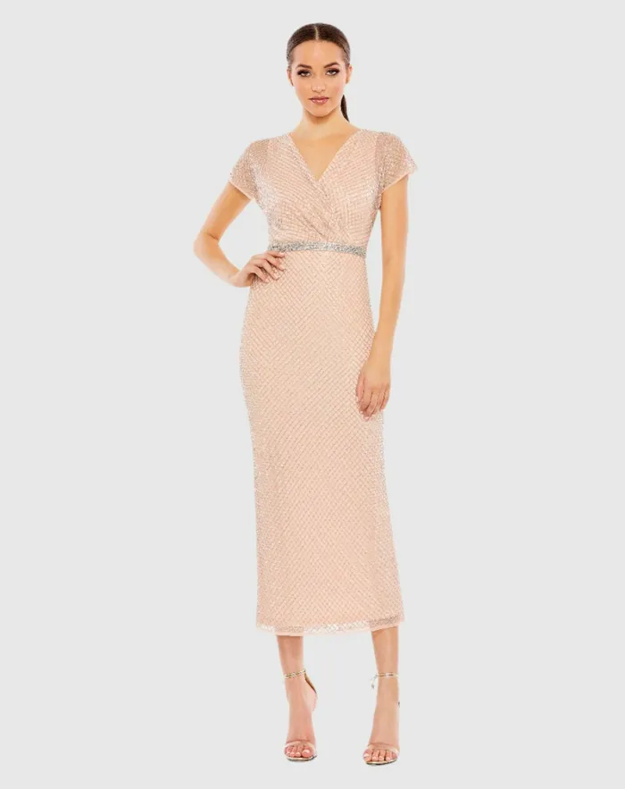 Beaded Wrap VNeck Short Sleeve Dress Rose Cocktail Dresses Mac Duggal Women