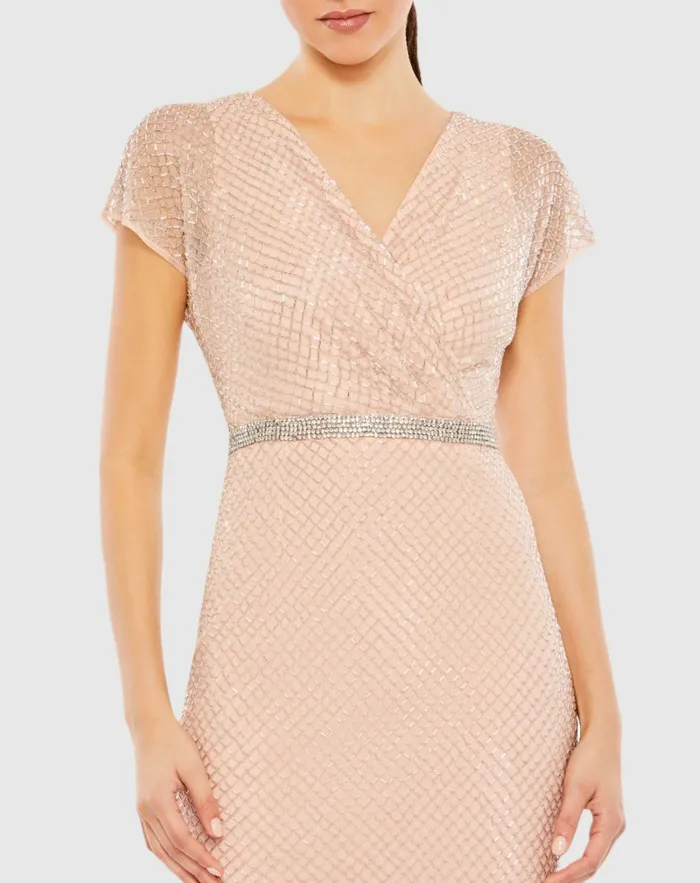 Beaded Wrap VNeck Short Sleeve Dress Rose Cocktail Dresses Mac Duggal Women