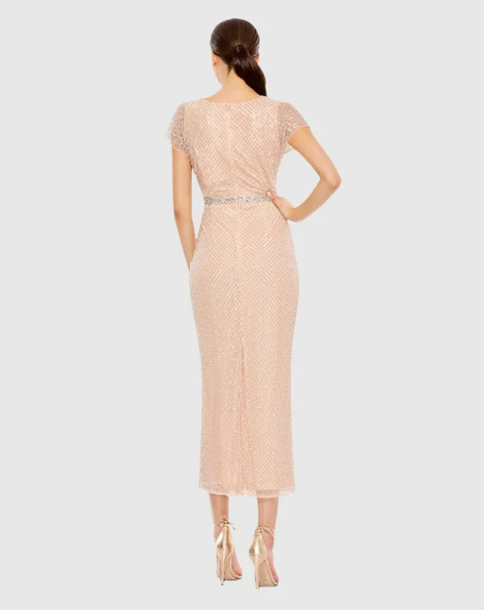 Beaded Wrap VNeck Short Sleeve Dress Rose Cocktail Dresses Mac Duggal Women