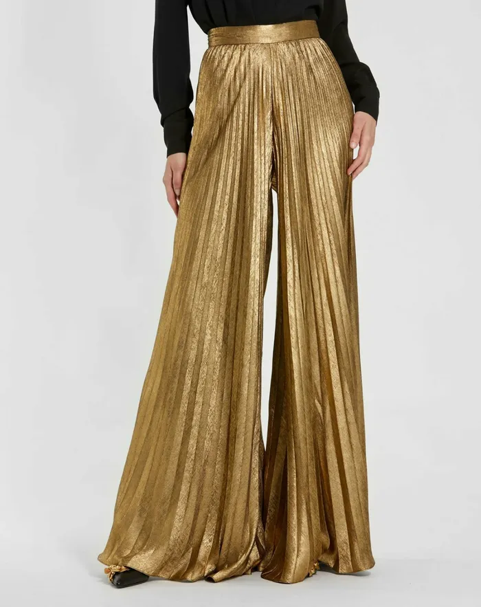 Best Sellers Mac Duggal Women Metallic Lam Pleated Wide Leg Pant Gold