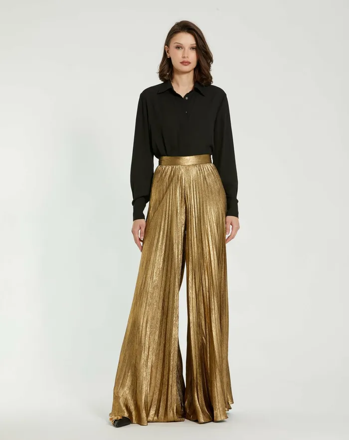Best Sellers Mac Duggal Women Metallic Lam Pleated Wide Leg Pant Gold