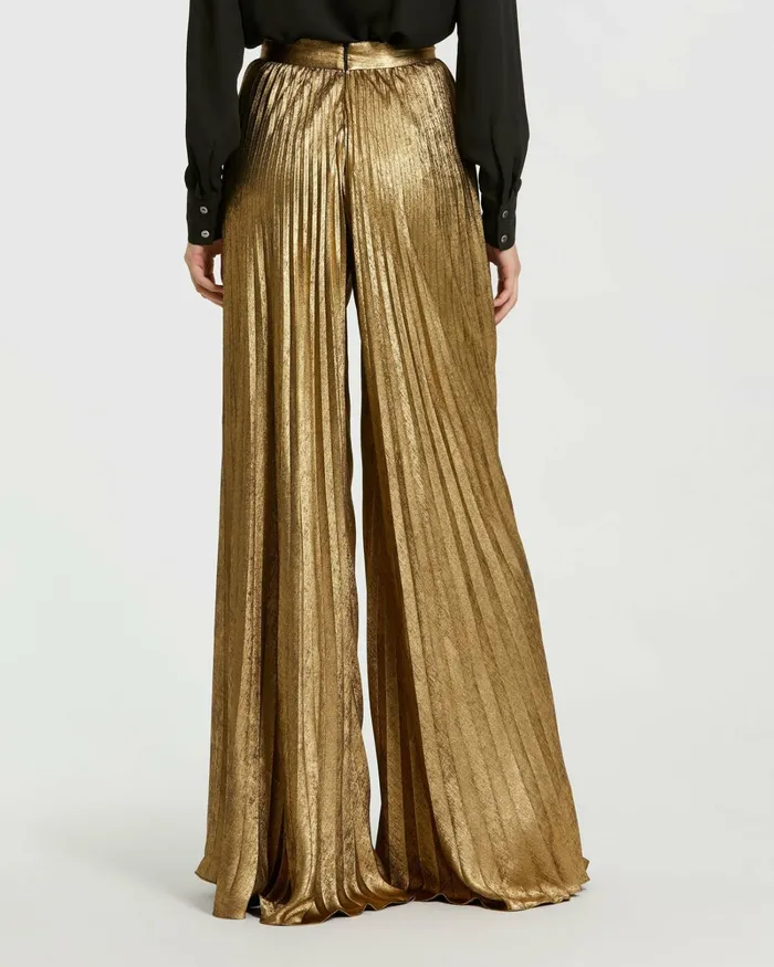 Best Sellers Mac Duggal Women Metallic Lam Pleated Wide Leg Pant Gold