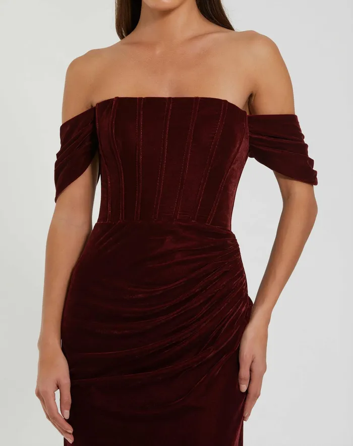 Best Sellers OfftheShoulder Velvet Bustier Gown Wine 8211 Mac Duggal Women