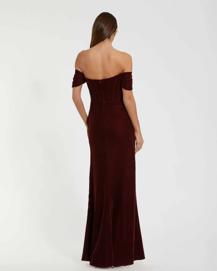 Best Sellers OfftheShoulder Velvet Bustier Gown Wine 8211 Mac Duggal Women