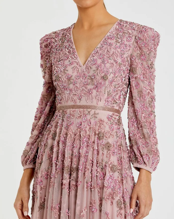 Best Sellers Pink Embellished V Neck 34 Sleeve A Line Gown Rose 8211 Mac Duggal Women