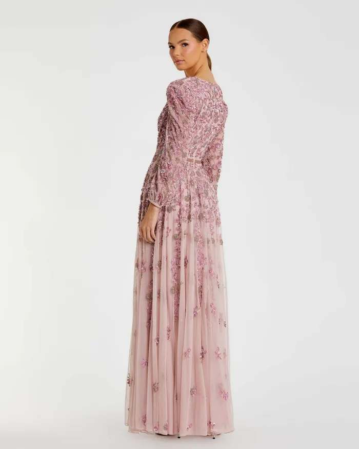 Best Sellers Pink Embellished V Neck 34 Sleeve A Line Gown Rose 8211 Mac Duggal Women