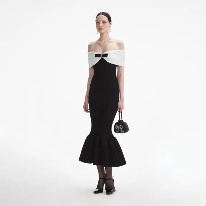 Black Knit Bow Midi Dress Women Self Portrait Dresses Black Knit Bow Midi Dress Women Self Portrait Dresses