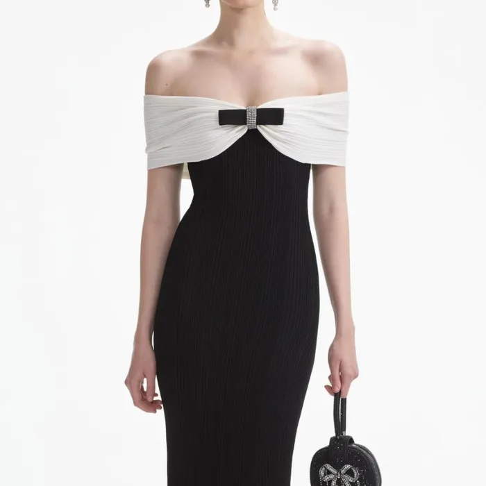 Black Knit Bow Midi Dress Women Self Portrait Dresses Black Knit Bow Midi Dress Women Self Portrait Dresses