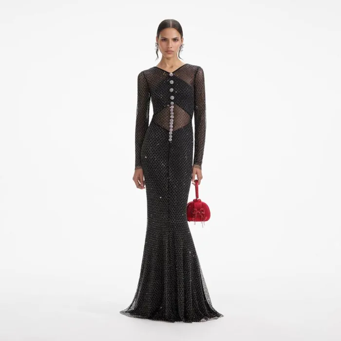 Black Rhinestone Fishnet Crossover Maxi Dress Women Self Portrait Dresses