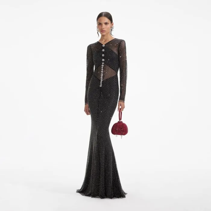 Black Rhinestone Fishnet Crossover Maxi Dress Women Self Portrait Dresses Black Rhinestone Fishnet Crossover Maxi Dress Women Self Portrait Dresses