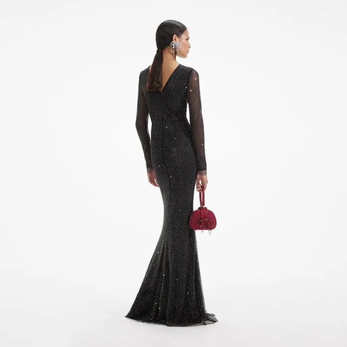 Black Rhinestone Fishnet Crossover Maxi Dress Women Self Portrait Dresses Black Rhinestone Fishnet Crossover Maxi Dress Women Self Portrait Dresses