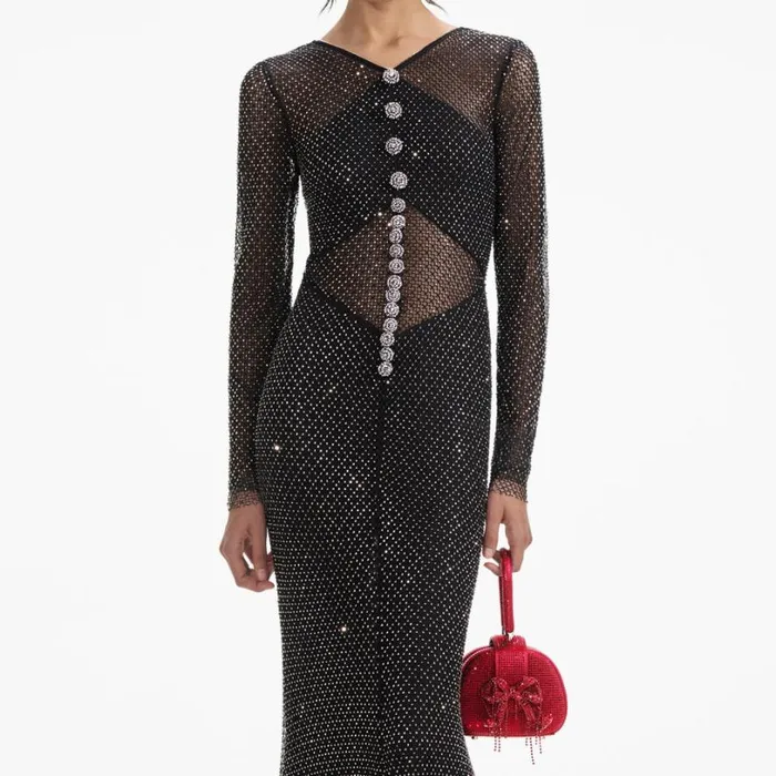 Black Rhinestone Fishnet Crossover Maxi Dress Women Self Portrait Dresses Black Rhinestone Fishnet Crossover Maxi Dress Women Self Portrait Dresses