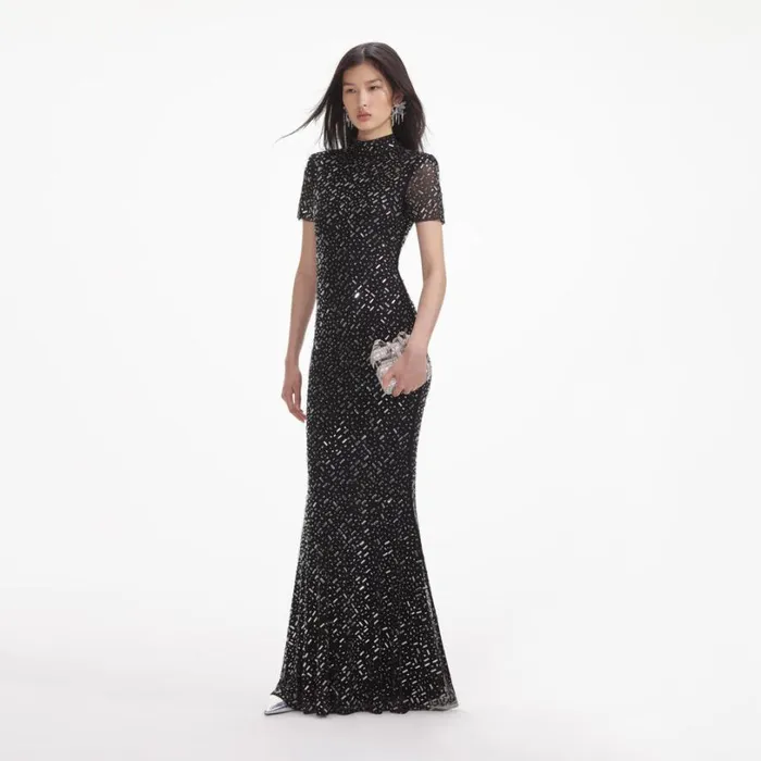 Black Square Rhinestone Mesh Maxi Dress Women Self Portrait Dresses Black Square Rhinestone Mesh Maxi Dress Women Self Portrait Dresses