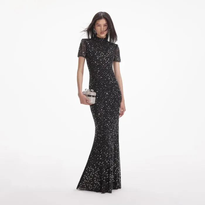Black Square Rhinestone Mesh Maxi Dress Women Self Portrait Dresses Black Square Rhinestone Mesh Maxi Dress Women Self Portrait Dresses