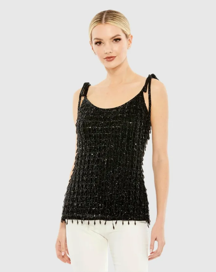 Blouses and Tops Mac Duggal Women Crystal Embellished Soft Tie Cami Top 8211 FINAL SALE Black