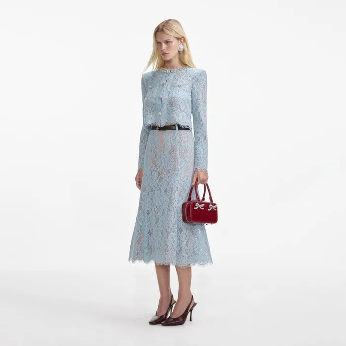Blue Lace Flared Midi Skirt Women Self Portrait Bottoms