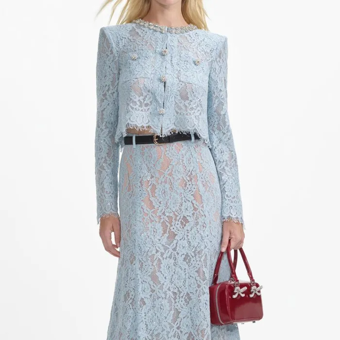 Blue Lace Flared Midi Skirt Women Self Portrait Bottoms