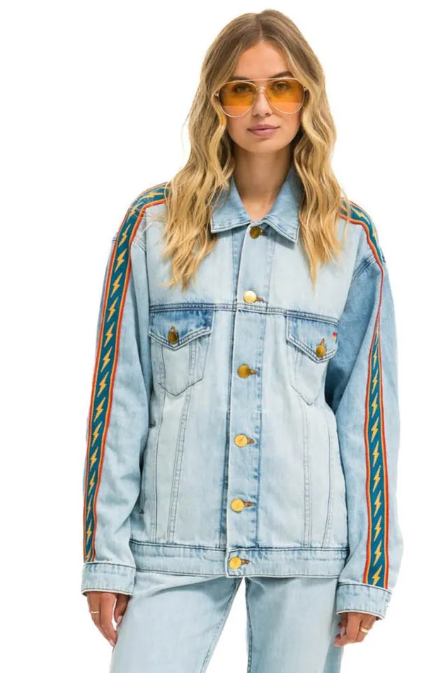 Bolt Stripe Oversized Concert Denim Jacket 8211 Super Light WomenMen Aviator Nation Denim
