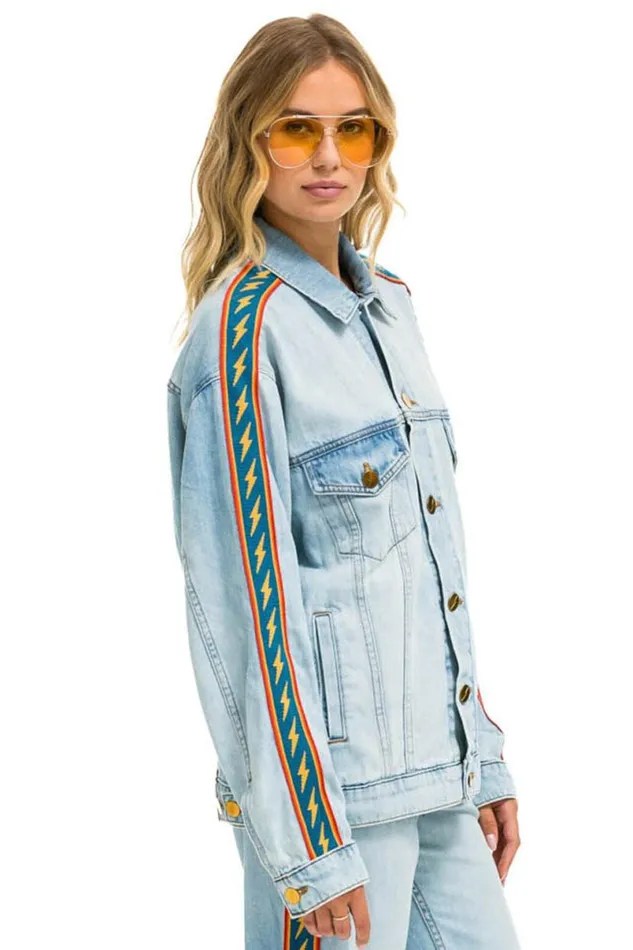 Bolt Stripe Oversized Concert Denim Jacket 8211 Super Light WomenMen Aviator Nation Denim