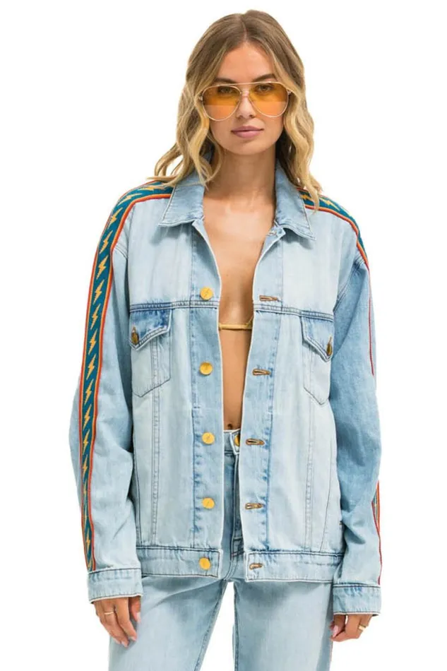 Bolt Stripe Oversized Concert Denim Jacket 8211 Super Light WomenMen Aviator Nation Denim