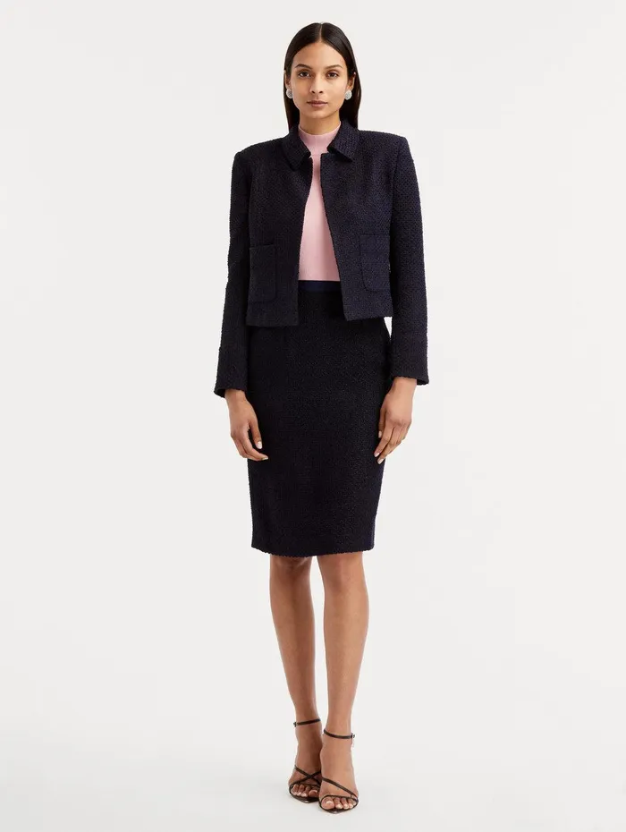 Boucle Tweed Pencil Skirt Dark Navy Women Oscar De La Renta Pants and Skirts
