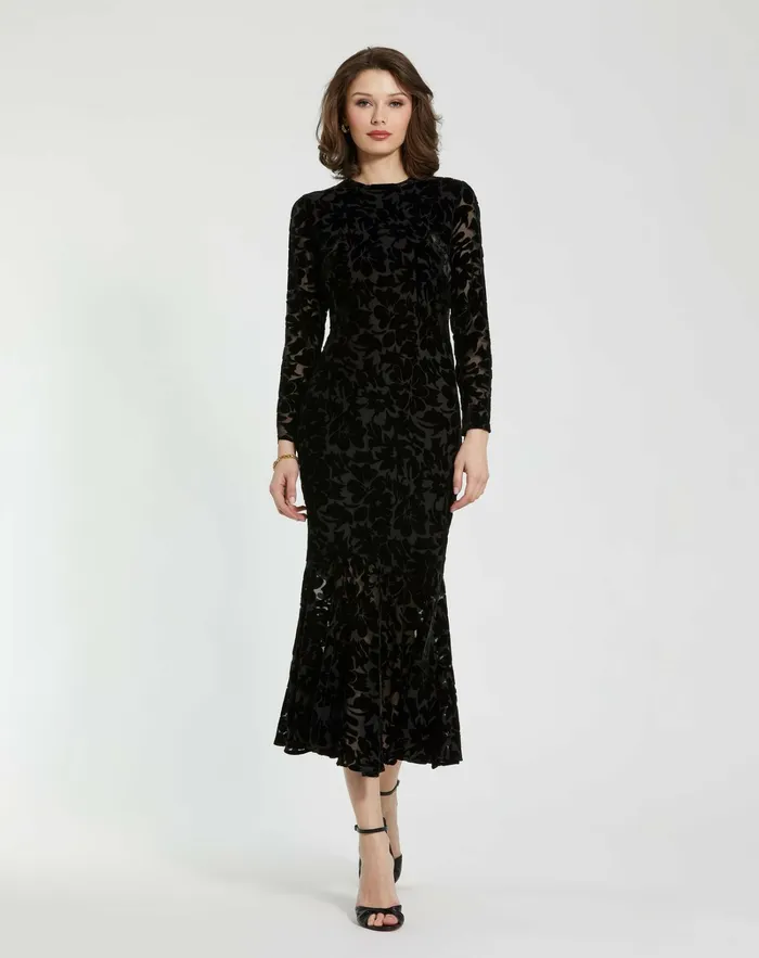 Burnout Velvet Long Sleeve Ruffle Hem Midi Dress Black Every Day Dresses Mac Duggal Women Burnout Velvet Long Sleeve Ruffle Hem Midi Dress Black Every Day Dresses Mac Duggal Women
