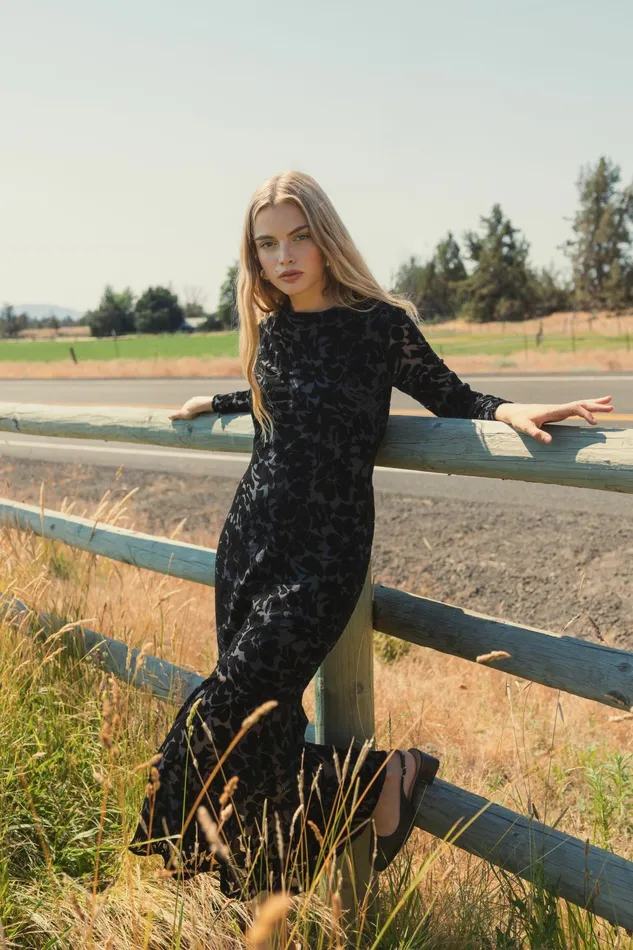 Burnout Velvet Long Sleeve Ruffle Hem Midi Dress Black Every Day Dresses Mac Duggal Women