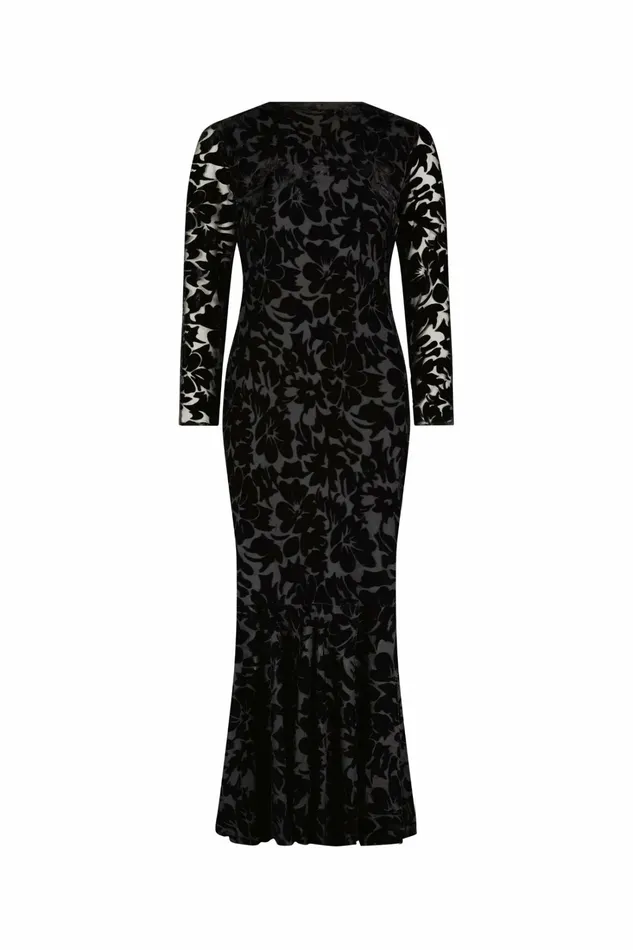 Burnout Velvet Long Sleeve Ruffle Hem Midi Dress Black Every Day Dresses Mac Duggal Women