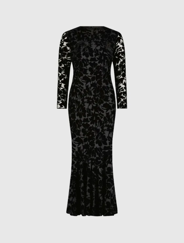 Burnout Velvet Long Sleeve Ruffle Hem Midi Dress Black Every Day Dresses Mac Duggal Women