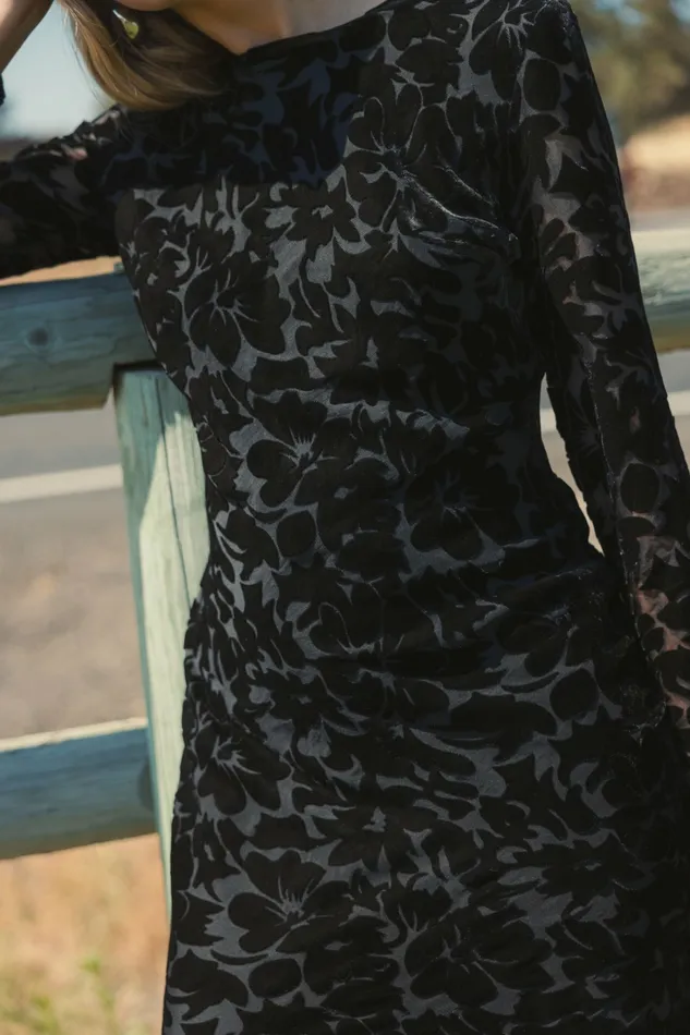Burnout Velvet Long Sleeve Ruffle Hem Midi Dress Black Every Day Dresses Mac Duggal Women