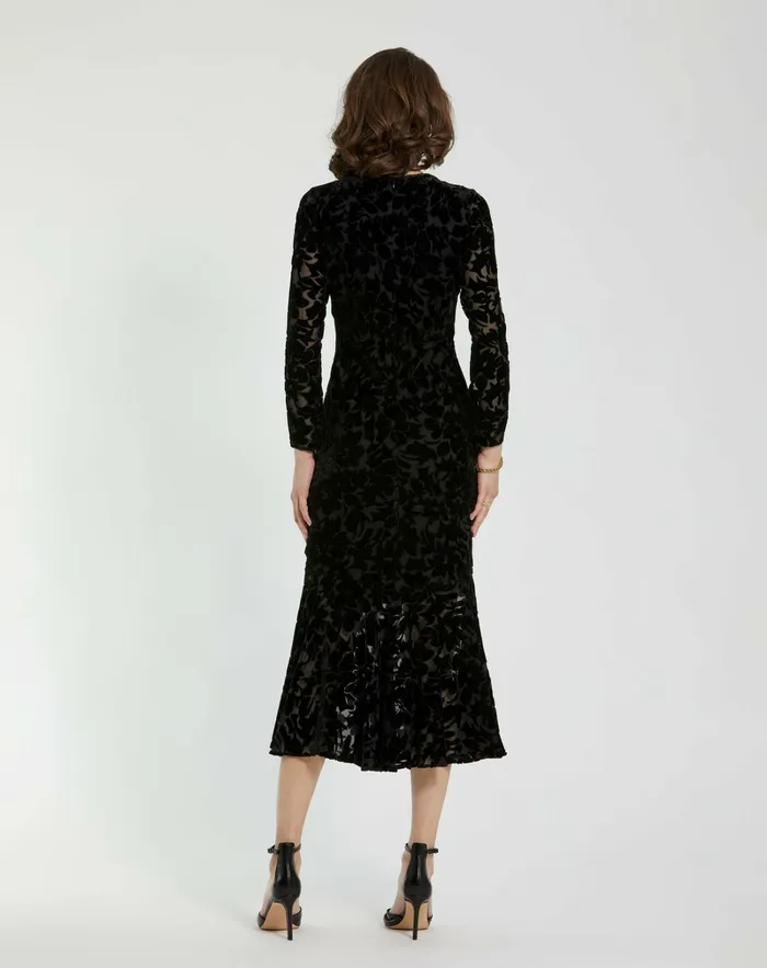 Burnout Velvet Long Sleeve Ruffle Hem Midi Dress Black Every Day Dresses Mac Duggal Women