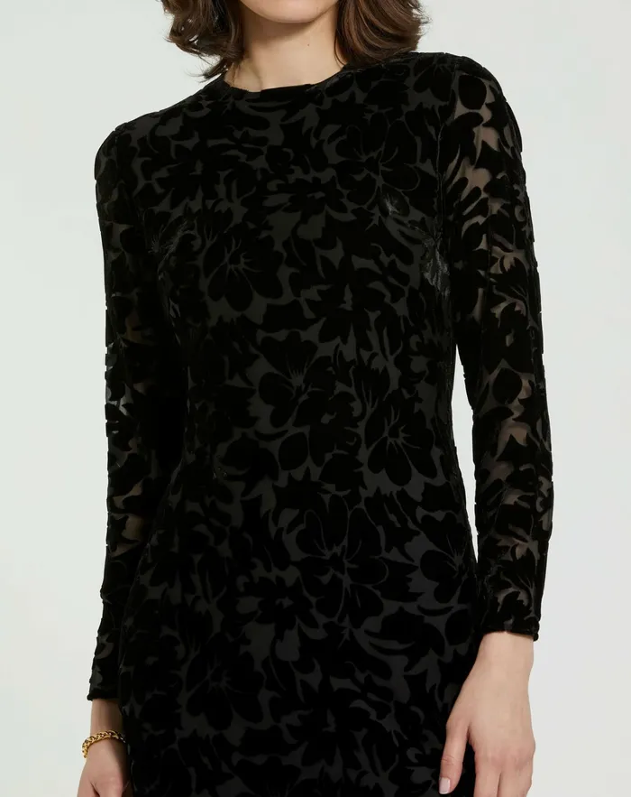 Burnout Velvet Long Sleeve Ruffle Hem Midi Dress Black Every Day Dresses Mac Duggal Women