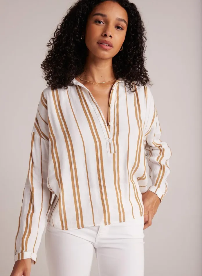 Button Down Women Bella Dahl Shirred Shoulder Pullover 8211 Redwood Stripe