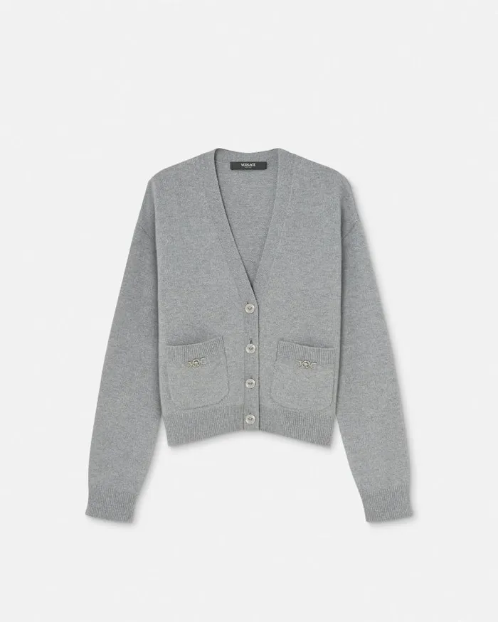 CashmereBlend Knit Boxy Cardigan Gray Women Versace Knitwear